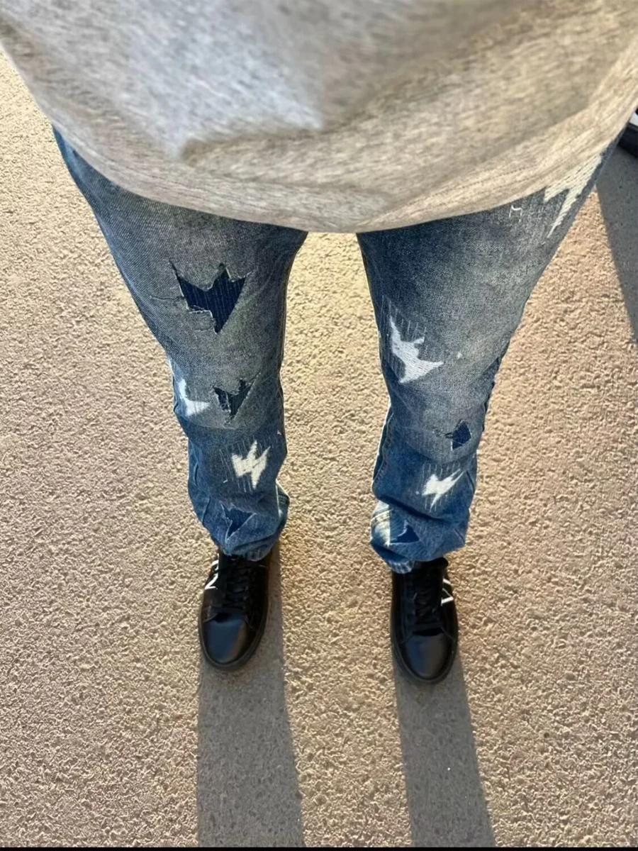 

Retro Stitched Cra Denim Jeans Men's American High Street Loose Casual Straight Leg Micro Flared Long Trousers Trendy