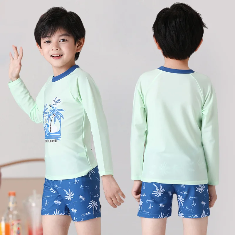 Children's Long Sleeve Split Body Swimsuit, Teenage Kids, Quick Drying Swimwear Set, Big Boys' Swimming Trunks, New, 2024