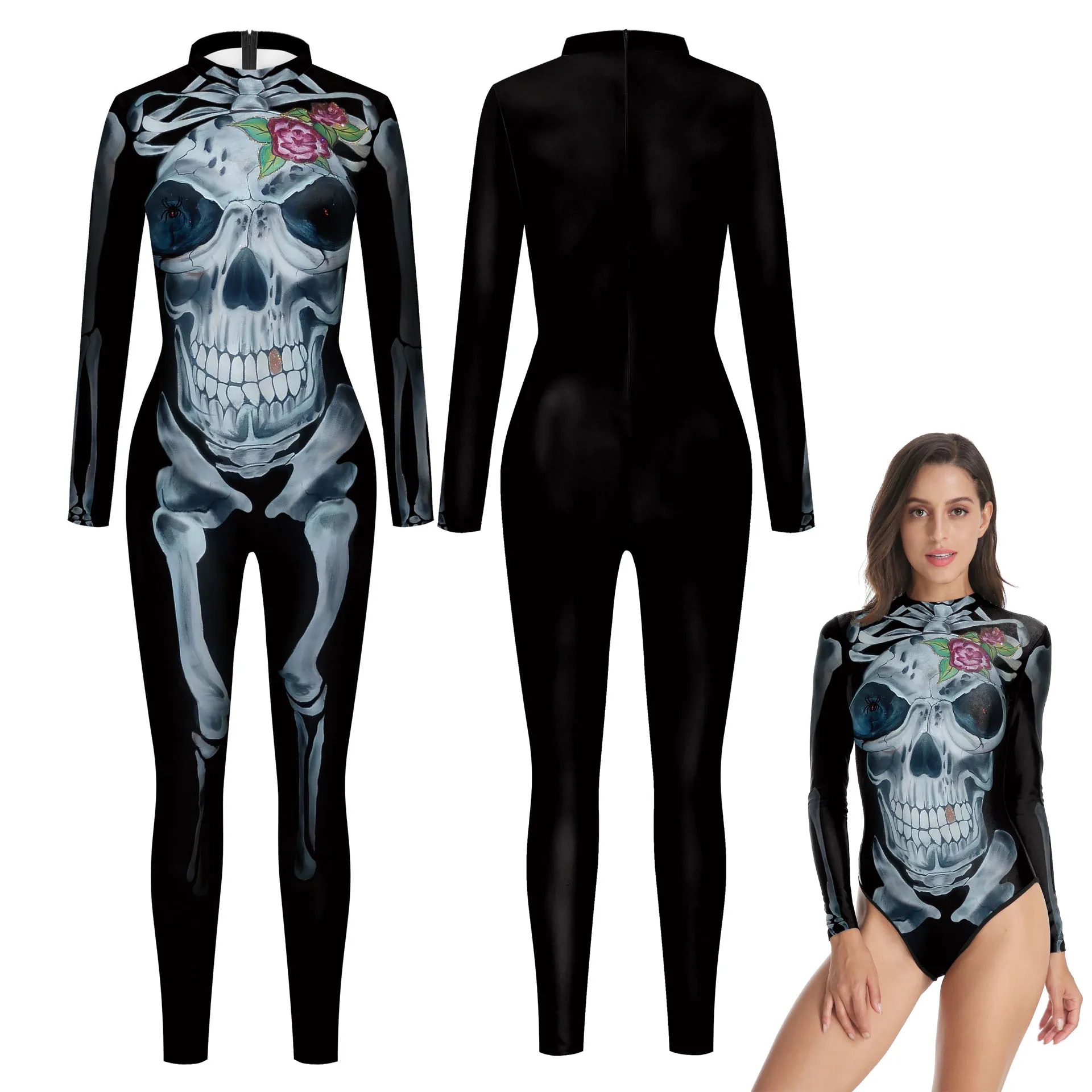 Halloween Punk Skull Flower Jumpsuit Catsuit Sexy Women Cosplay Costumes Bodysuit Swimsuit Zentai Suit Fancy Dress