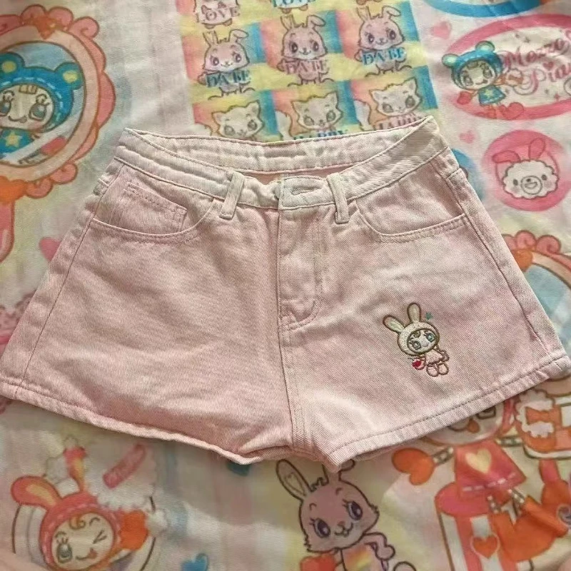 Summer Japanese Pink Cute Loose High Waist Women's Pants Original Design Embroidery Versatile Casual Sweet Cute Shorts Female