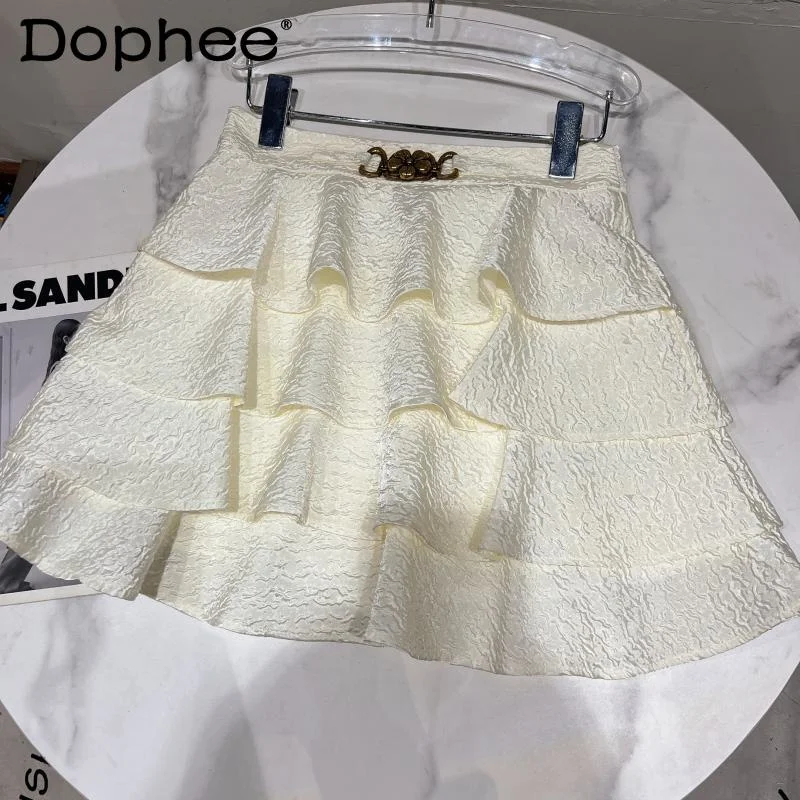 Buckle Fashion Metal Slim Waist Short Pleated Women's Elegant Ruffles Cake Mini Skirt 2023 Spring Summer New Faldas Mujer