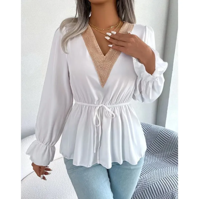 Spring And Autumn Solid Color Lace Lace Women's Fashion V-neck Lantern Sleeve Loose Waist Strap Elegant Shirt New Women's Top