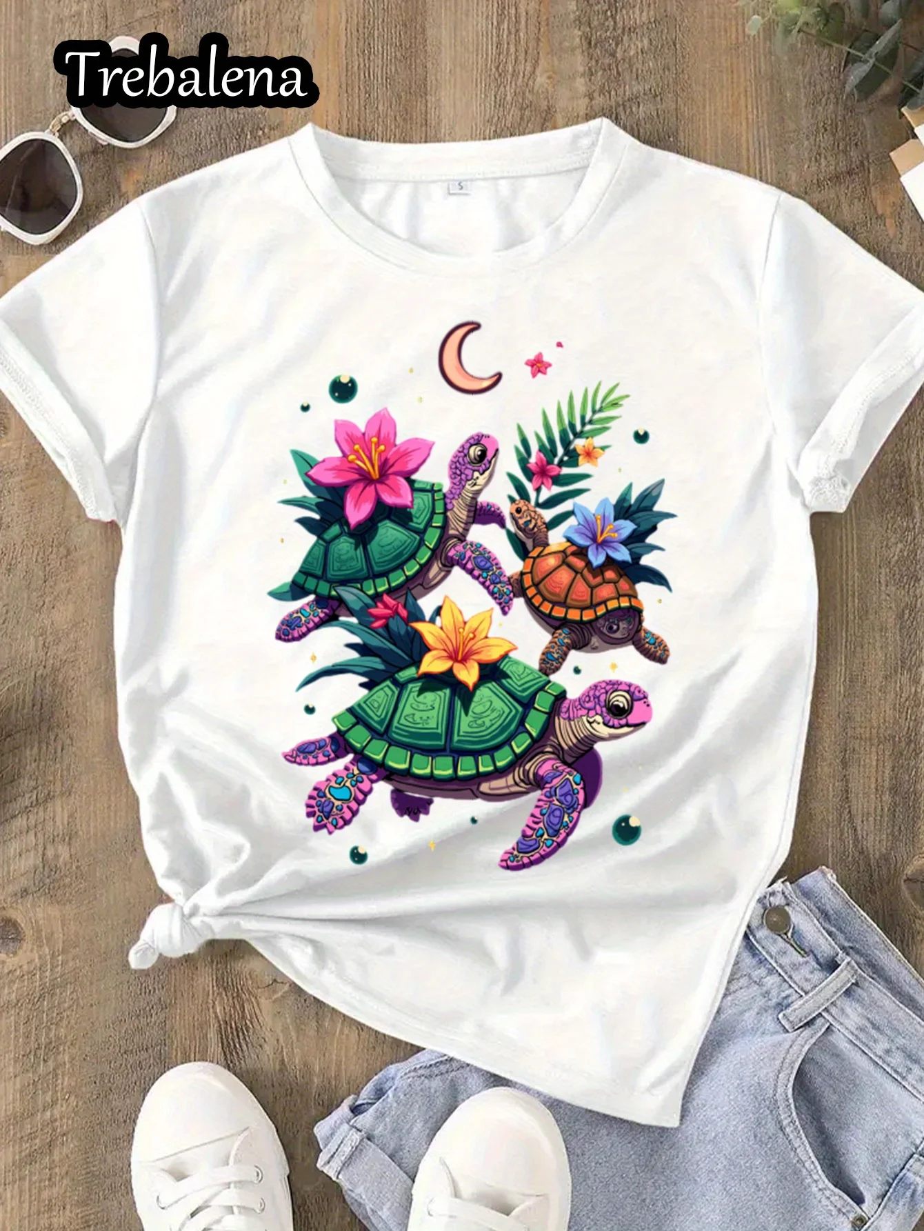 

Plus Size, Plus Size Women's 100% Cotton Round Neck T-Shirt - Turtle Floral Fantasy Night Sky Print Boho Chic Short Sleeve Top