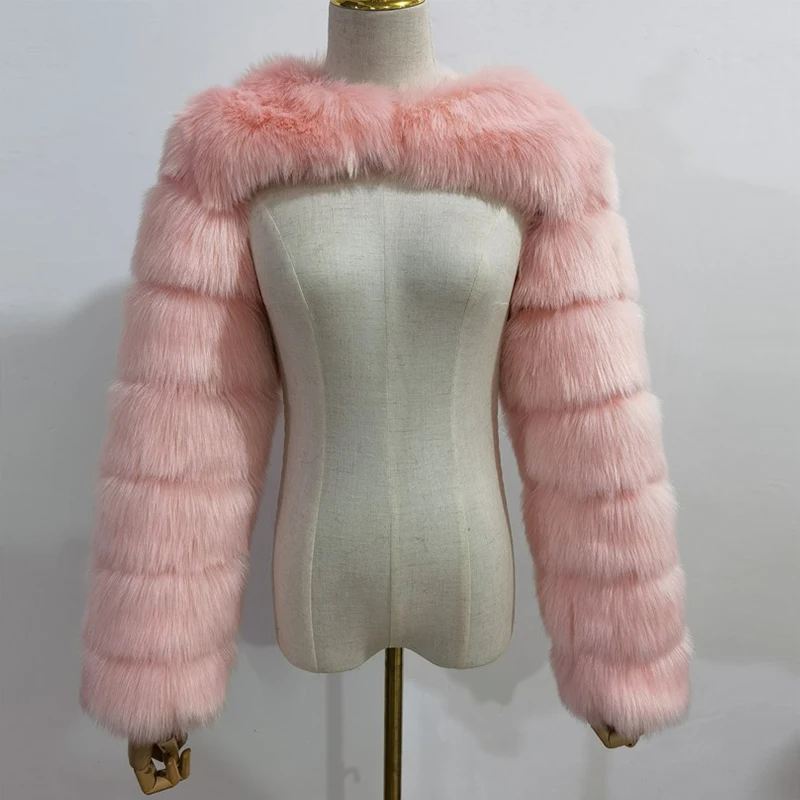 Abrigo y chaqueta de piel de zorro sintética para mujer, ropa cálida de manga larga, Top corto esponjoso, prendas de vestir elegantes, rosa, blanco y negro, invierno, 2023