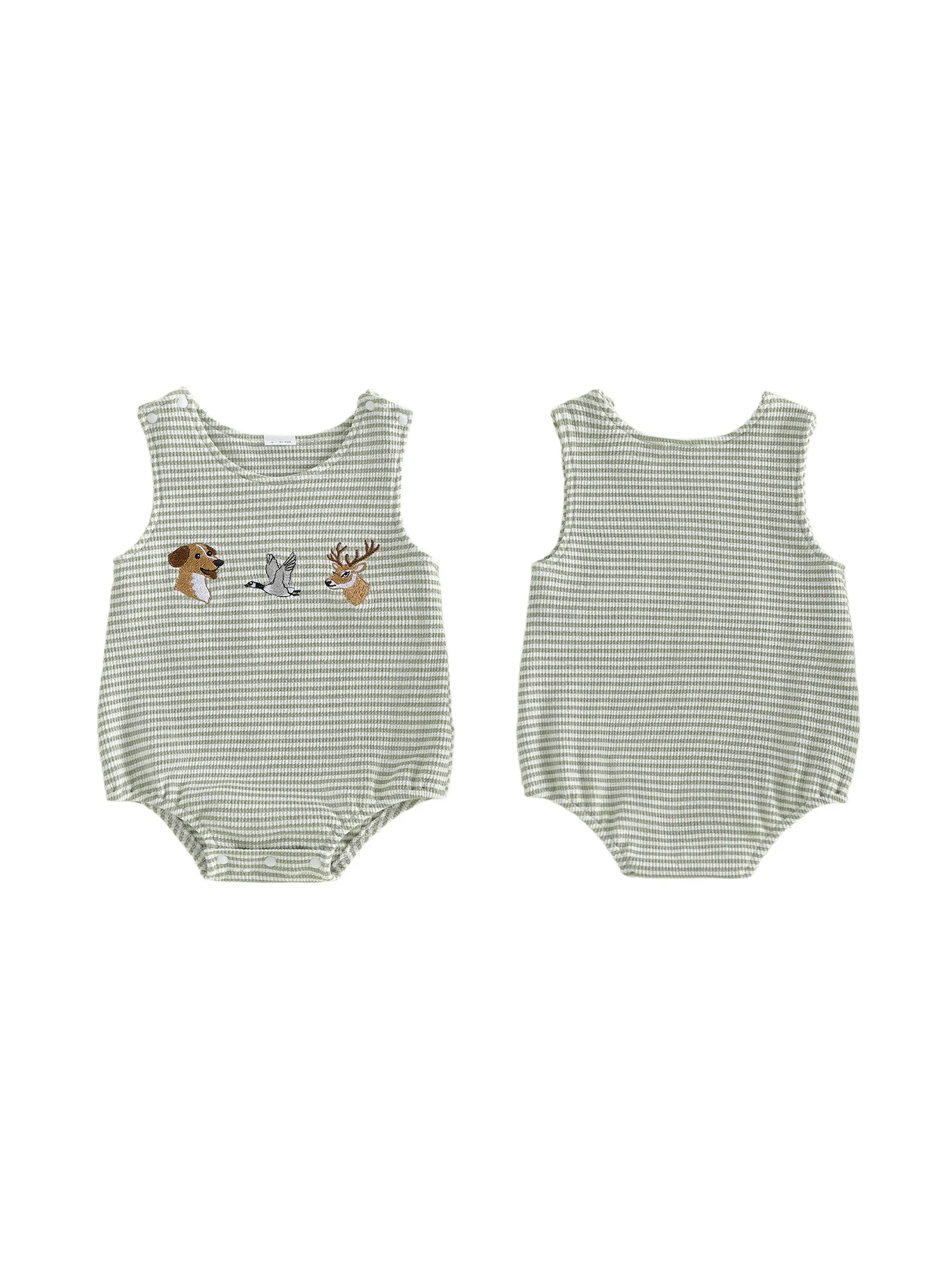 

Очаровательный комбинезон без рукавов для маленьких мальчиков с милой вышивкой в ​​виде животных и полосатым дизайном, идеально подходящий для летних развлечений.