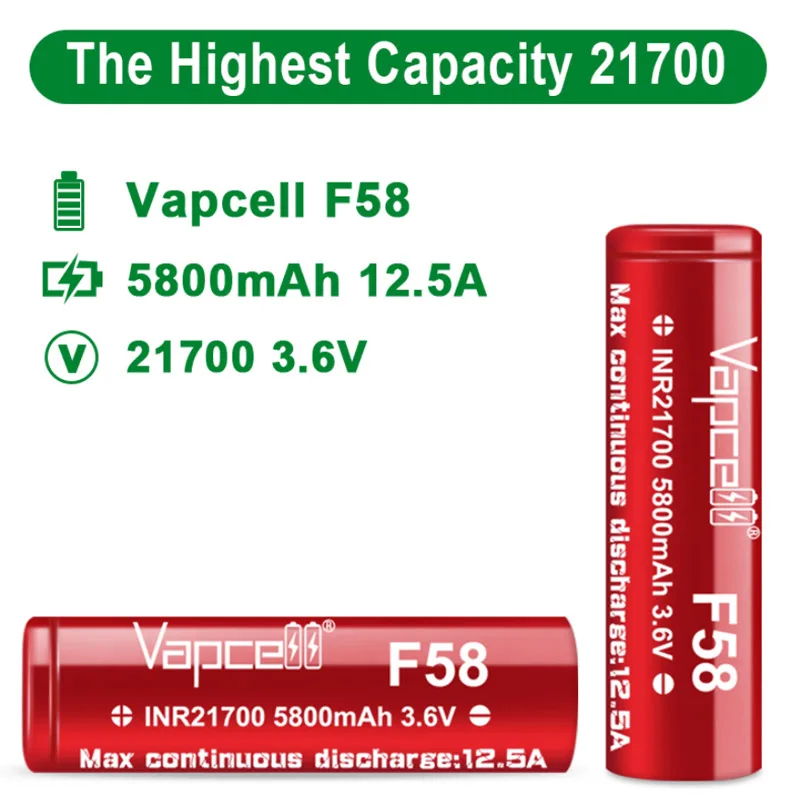 Original Vapcell High-capacity Battery F58 INR 21700 Battery 5800mah 12.5A 3.6 V Rechargeable Lithium Ion Battery For Flashlight