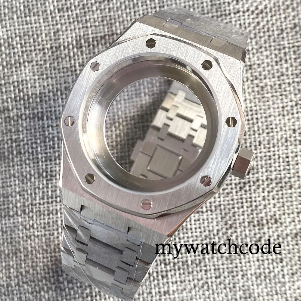 42mm Stainless Steel Octagonal Brushed Watch Case Fit NH35 NH36  NH70 NH72 Movement Rubber Bracelet Sapphire Glass