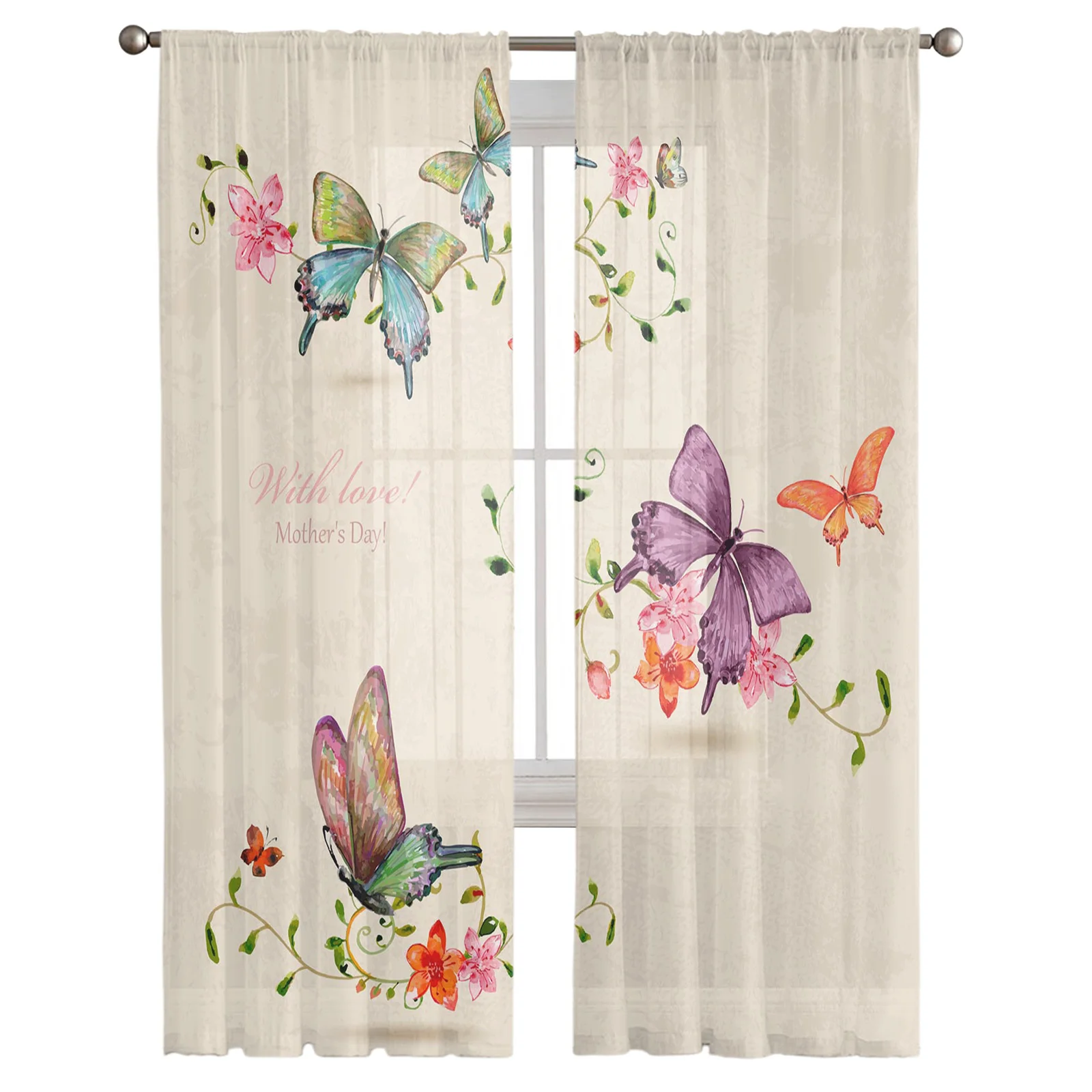 Butterfly Flowers Vintage Style Tulle in Sheer Curtains for Living Room Bedroom Kitchen Window Treatment Chiffon Curtain Blinds