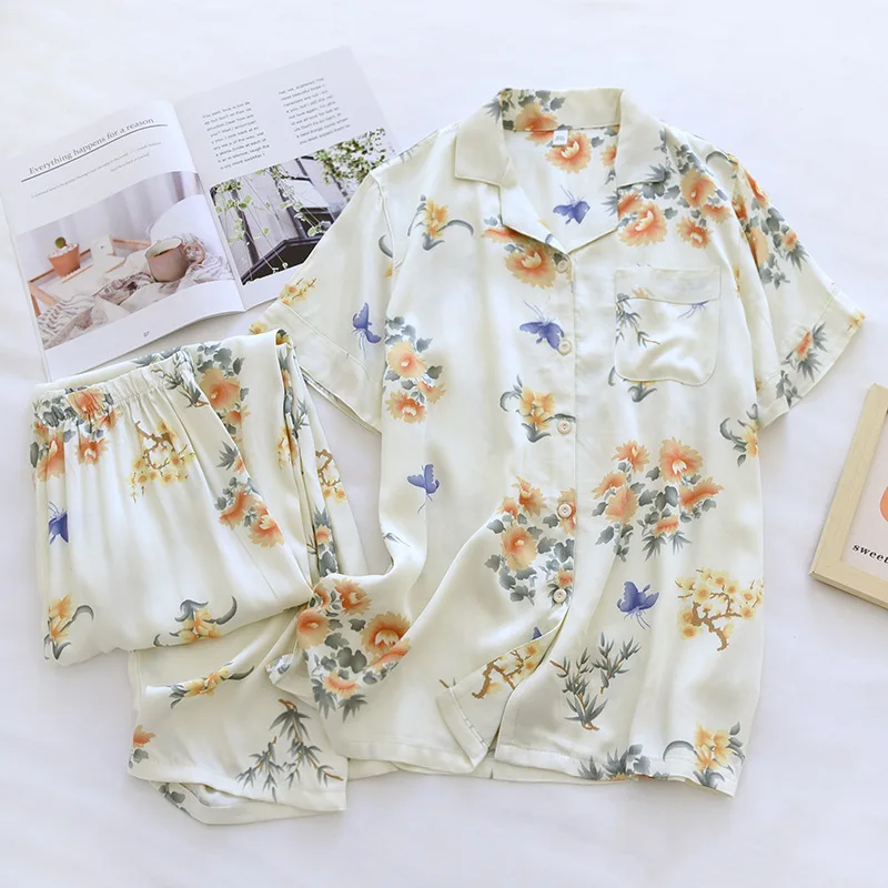 2024 Summer New Women\'s Pajama Set with Viscous Fiber Gongsatin Flower Printed Short Sleeve Long Pants Two piece Home Fury Set