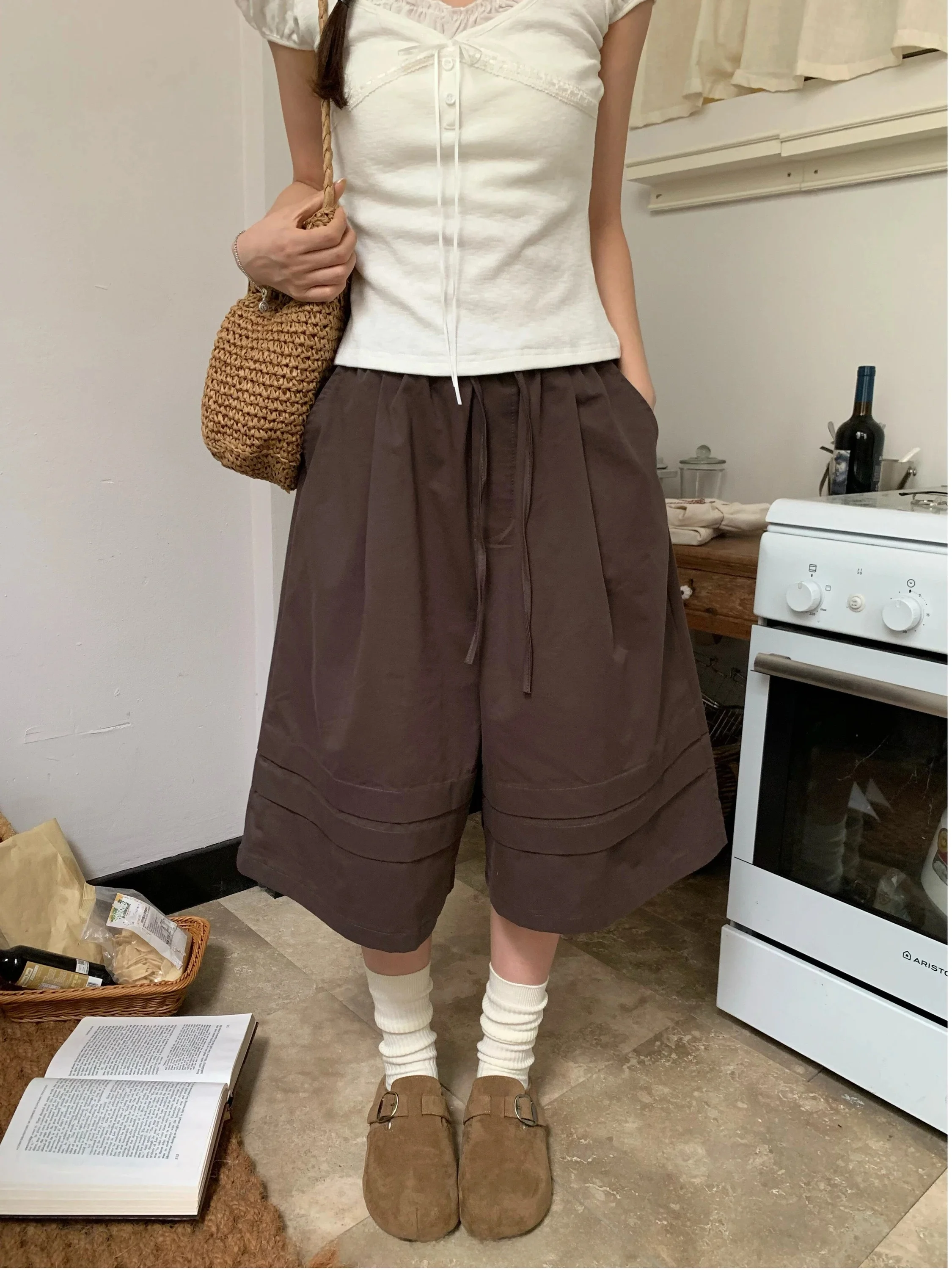 Versatile Seven-Foot Pants Vintage Pleated Drawstring Wide Leg Casual Slimming Loose All-Match Mid-Length Pants