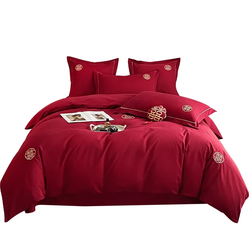 Thickened 100 thread brushed wedding four piece set with red wedding embroidery duvet cover for wedding bed