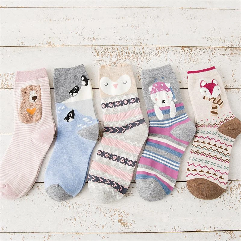 Cute Women\'s Socks Kawaii Cartoon Animal Bear Hedgehog Fox Penguin Cotton Socks Harajuku Funny Crew Tide Socks Christmas Gift