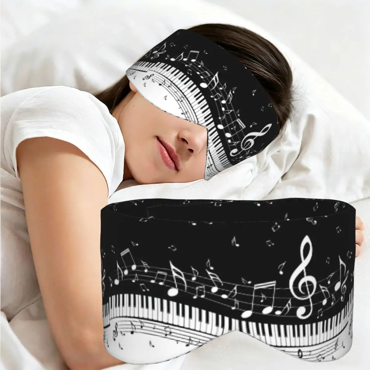Antifaz para dormir con diseño de piano blanco y negro y notas musicales, bloqueador de luz, portátil, para niñas, niños, oficina, siesta, antifaz para los ojos.