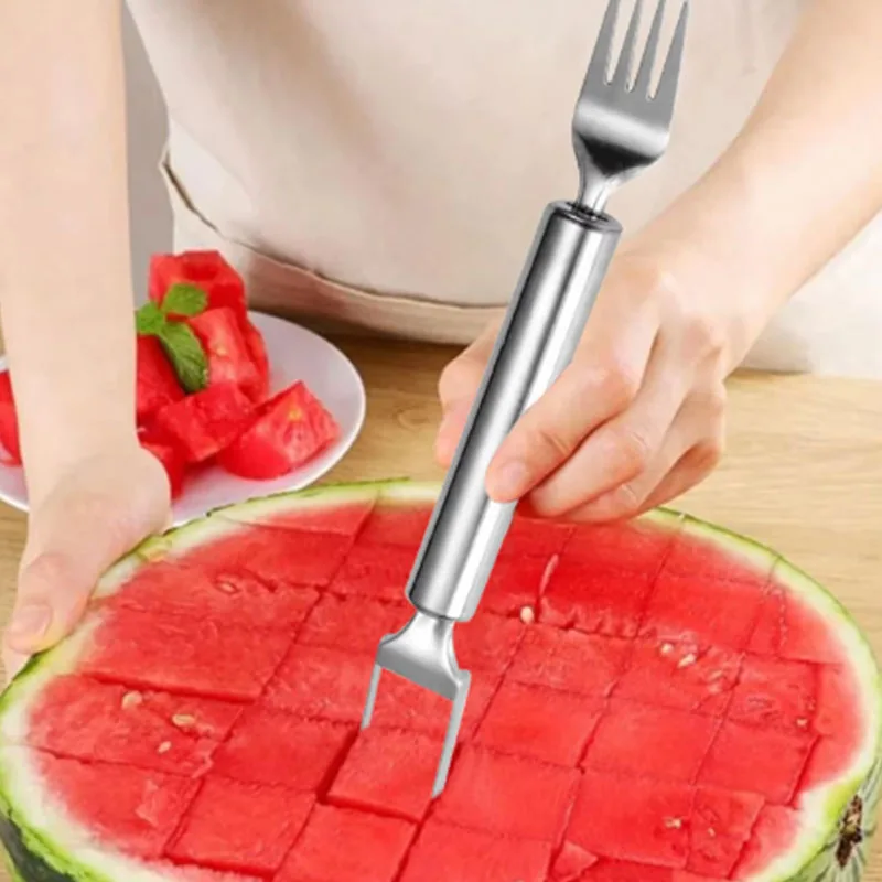 1pc 2-in-1 Stainless Steel Fruit Cutter Dual Head Watermelon Fork Cutter Slicer Tool For Home Kitchen Gadget Melon Cube Cutter