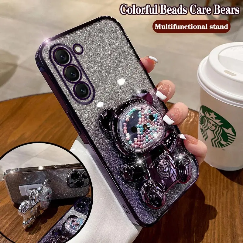 Cute Bear Colorful Flow Beads Plating Phone Holder Case For Samsung Galaxy S23 S23 Plus S23 FE S23 Ultra S21 S21 FE S22 Cover