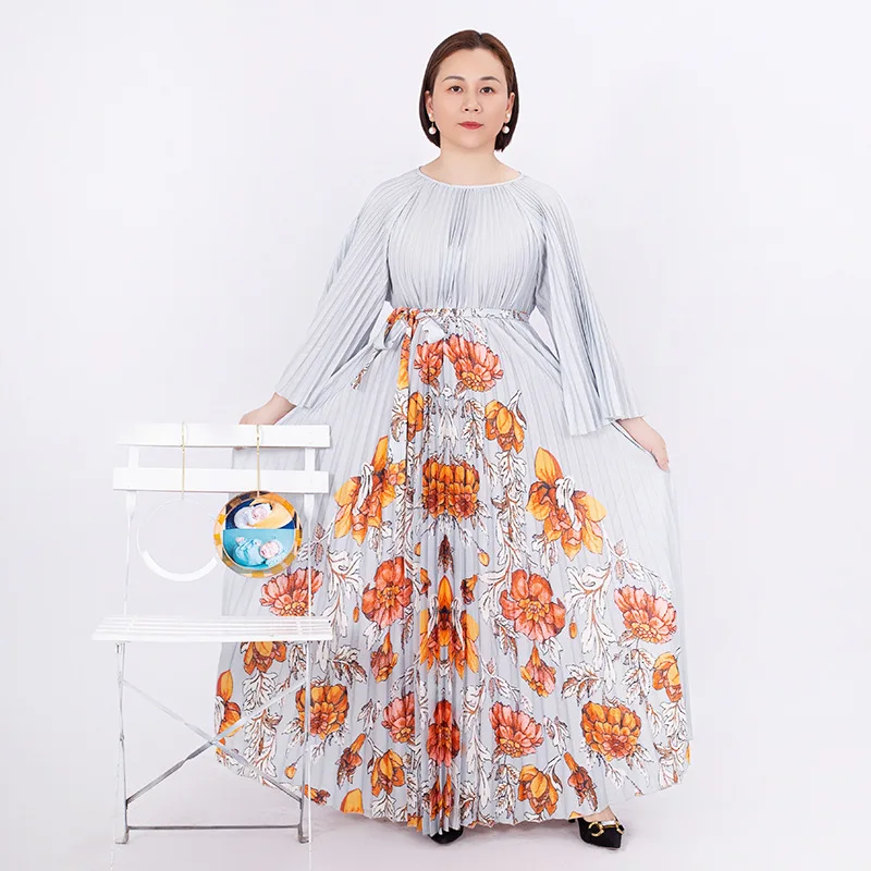

Miyake Pleated Clothing 2023 New Print Dress Round Neck Long Sleeves With Loose Band Fashion Women's Pleated Summer Dresses