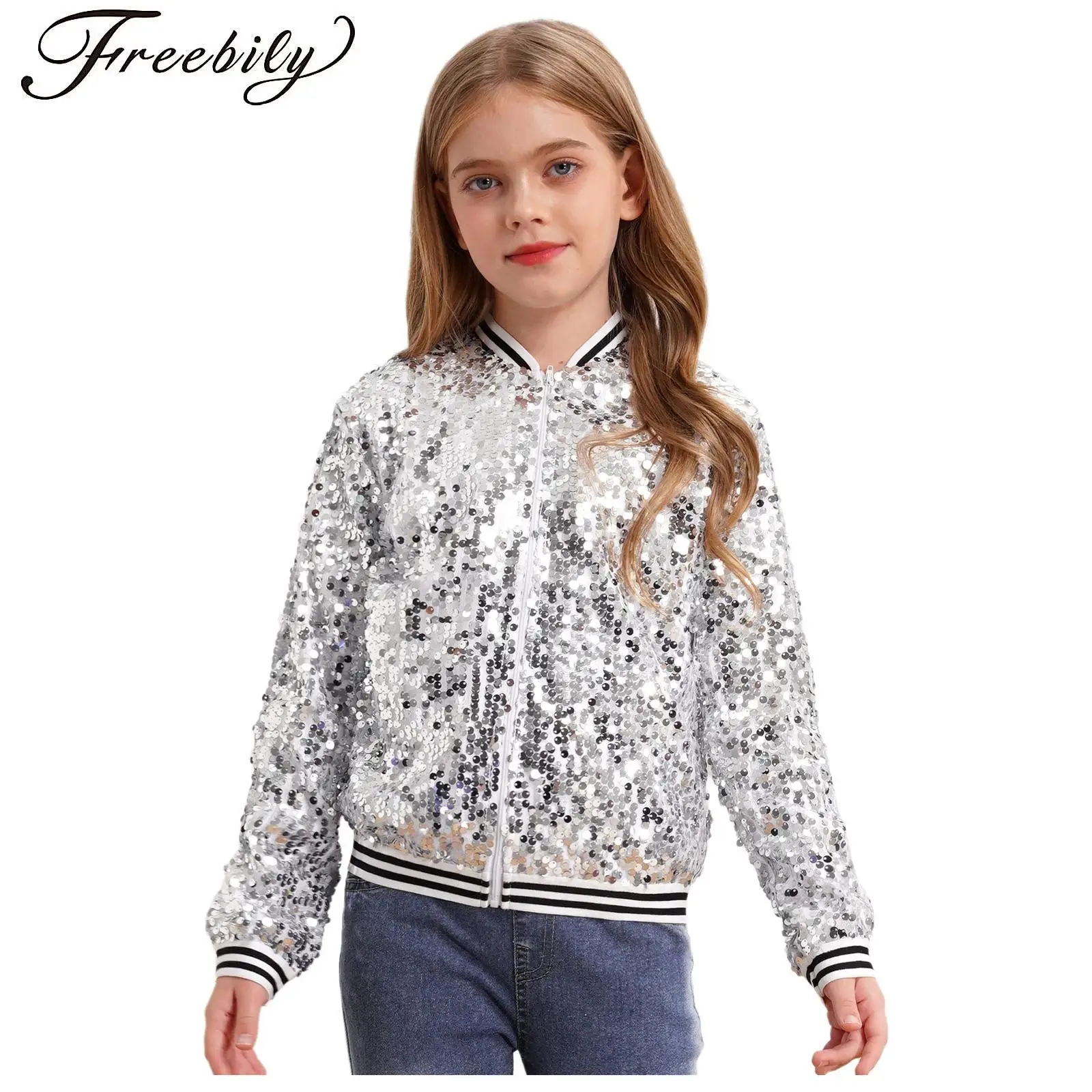 Girls Shiny Sequin Baseball Jackets Coat Long Sleeve Zip Up Striped Trim Outerwear Music Festival Dancing Party Bomber Jackets