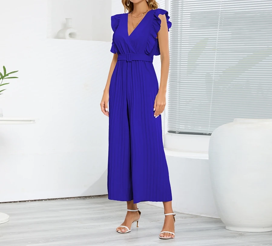 

Fashion 2024 Summer Casual Sexy Slim Fit Temperament High Waisted Sleeveless Lotus Leaf V-Neck Pleated Wide Leg Pants Jumpsuit