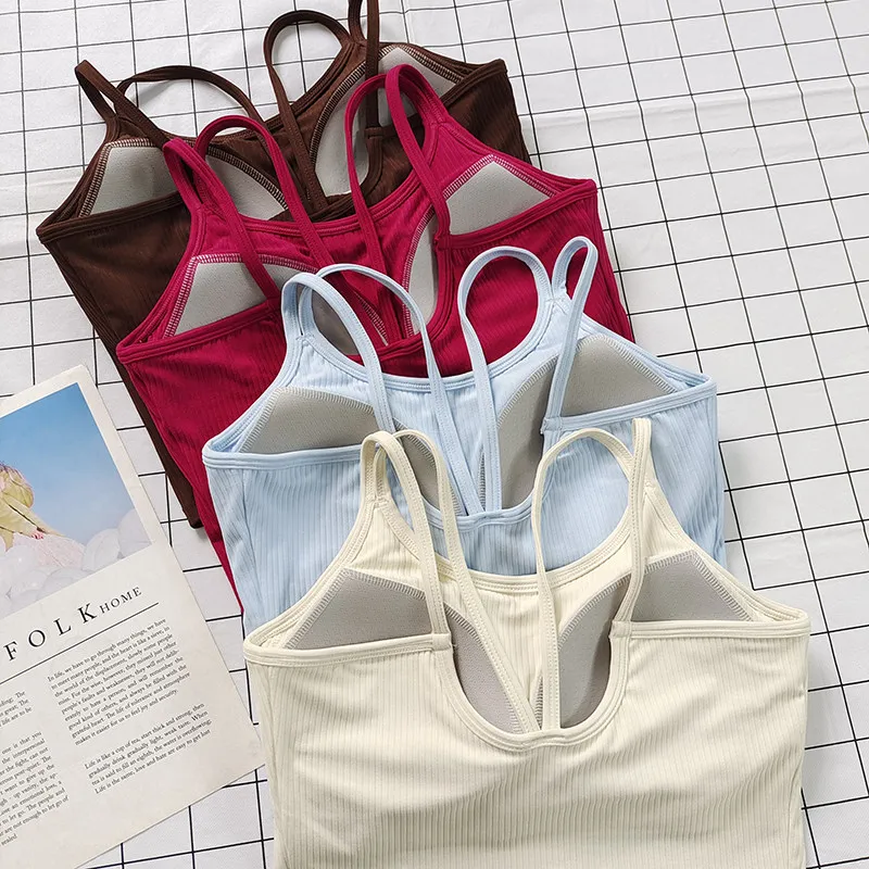 Women's Ribbed Racerback Sports Bra with Fixed Cups & Built-in Pads - Shockproof, Lightweight for Yoga, Pilates & Gym Workouts