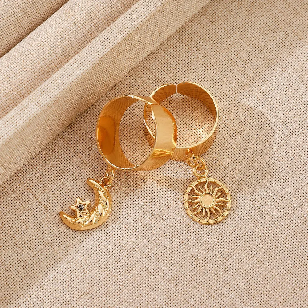 Open Rings With Cute Pendant For Women Gold Color Adjustable Sun Moon Charms Ring INS Fashion Finger Jewelry Couple Gifts