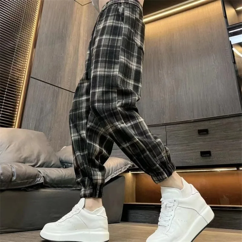 Autumn Winter Thick Warm Men's Plaid Pants Contrast Color Casual Loose Long Trousers Vintage Stylish Streetwear Male Trousers