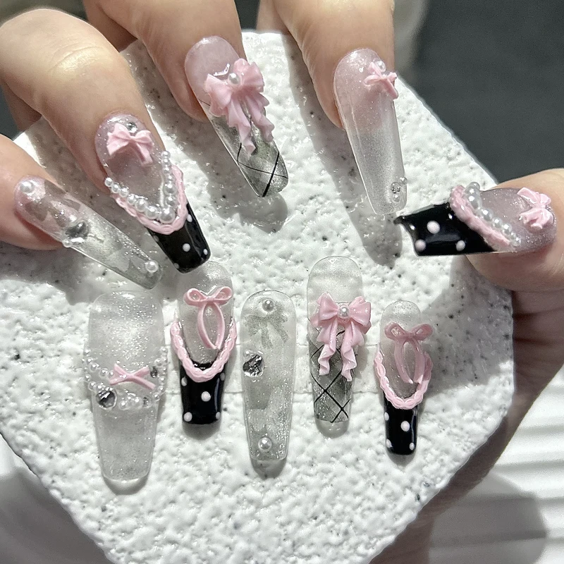 10 Pieces Lace Flutter French Bow Handmade Press On Nails Pearl Cat Eye Glitter Plaid Fake Nails Removable Reusable