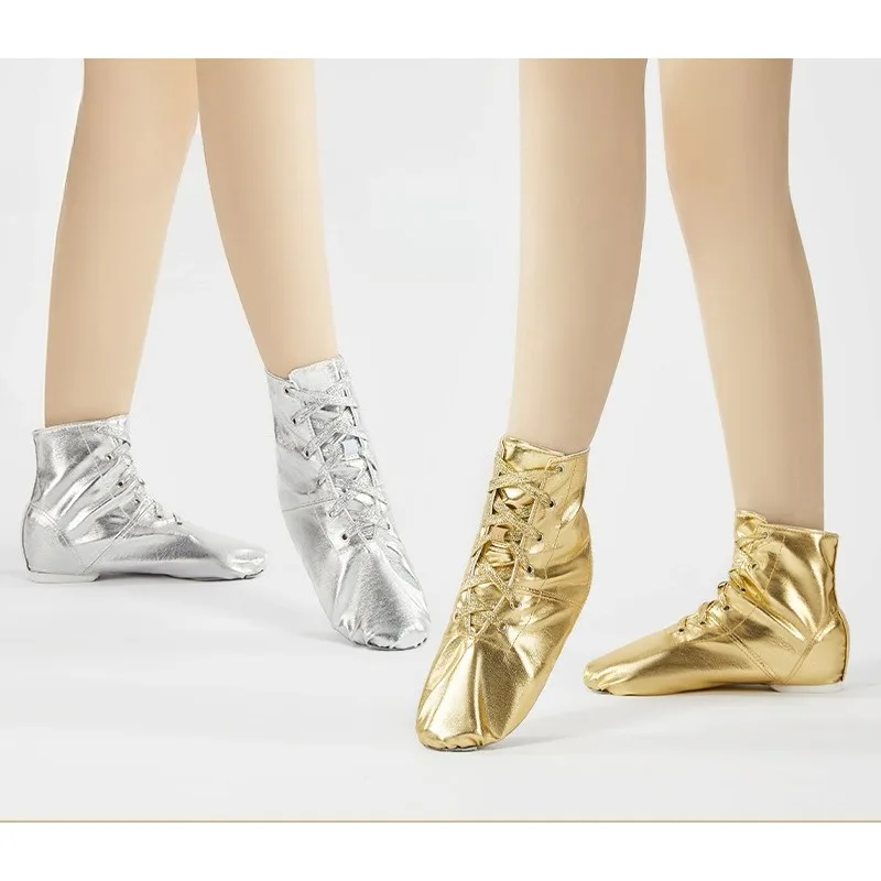 Kids Shiny PU Jazz Dance Shoes Gold Silver Soft Sole For Practice Girls Performance Stage Training Non Slip Lightweight Footwear