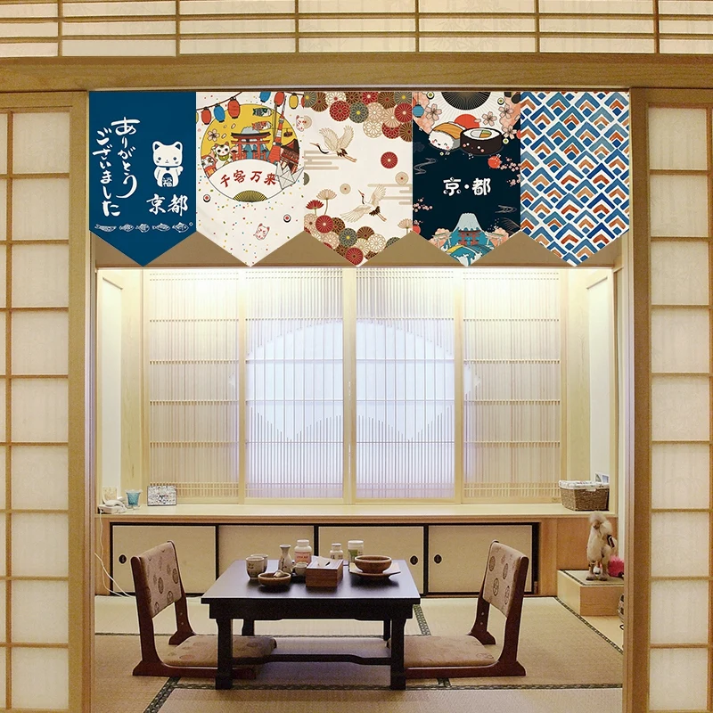 1PC Cartoon Japanese Style Patterns Short Door Curtain Kitchen Partition Triangle Flag Curtain Restaurant Decorative Drapes