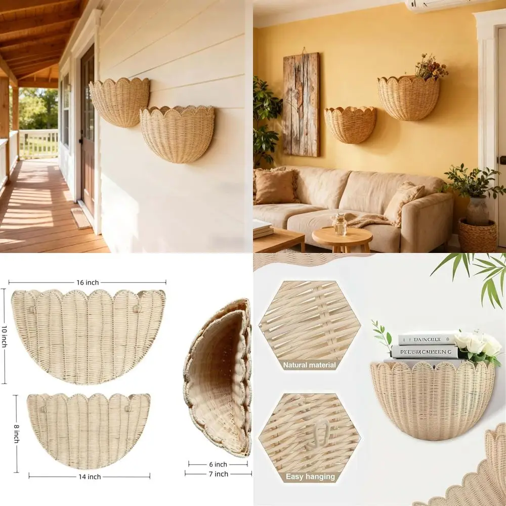 

Scalloped Wall Basket,Hand Woven Hanging Wicker Wall Baskets Set, 16 x 10 x 7 & 14 x 8 x 6 Inch Scalloped Rattan Wall Basket Dec