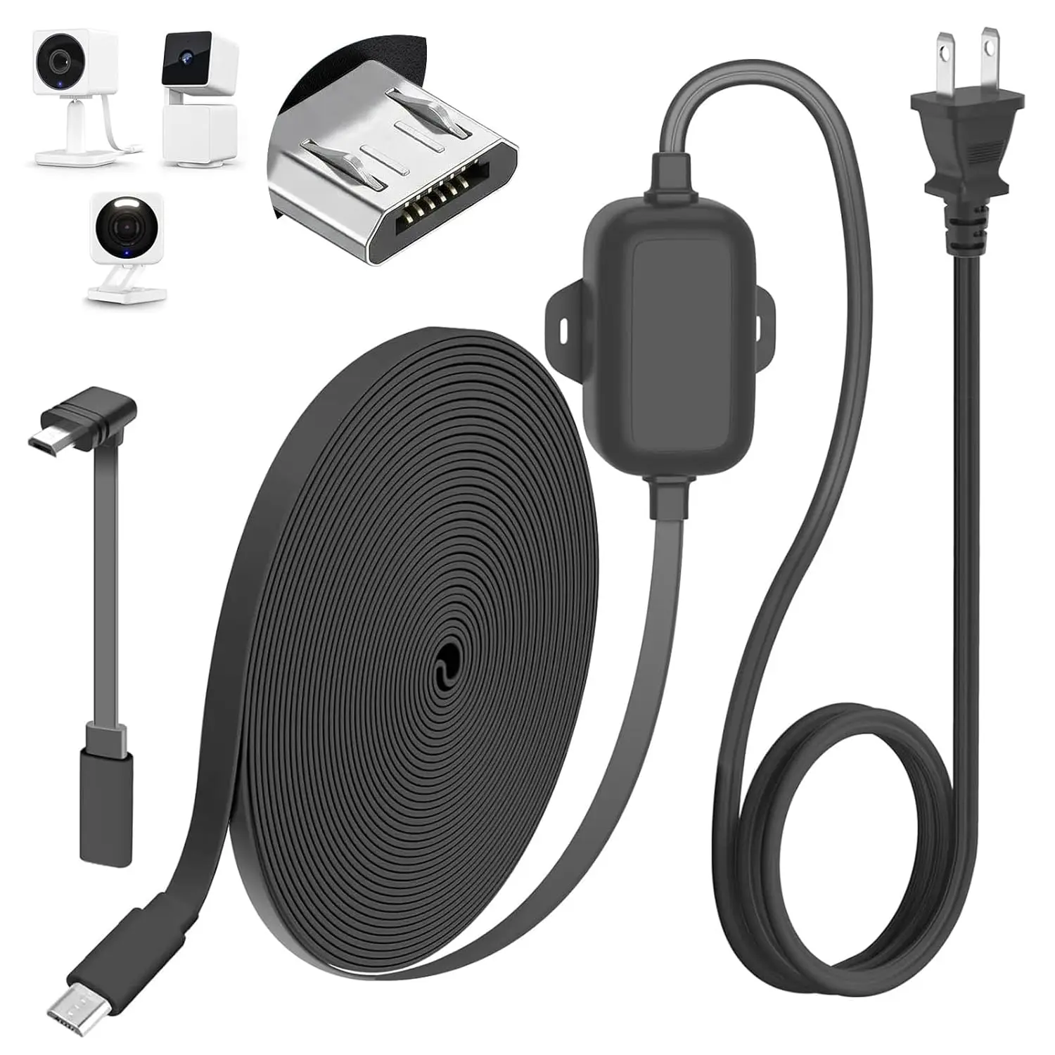

25FT Outdoor Power Adapter for Wyze Cam V4/Cam OG/V3/V3 Pro, L-Shape Micro USB Extension Cable, IP67 Waterproof Flat Cable