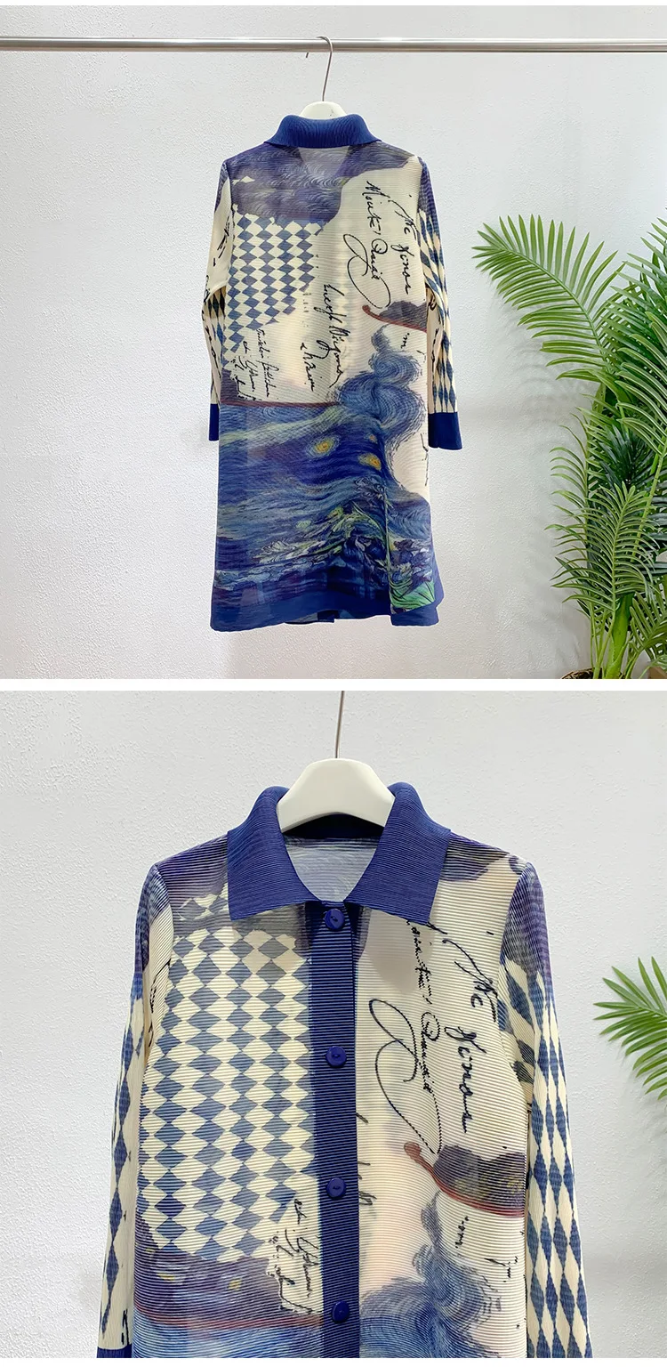Plissiertes Kleid im Vintage-Stil mit Knopfleiste, langen Ärmeln, lockerer Passform, strukturiertem Stoff, elegantem japanischem Miyake-Stil – Detail 9