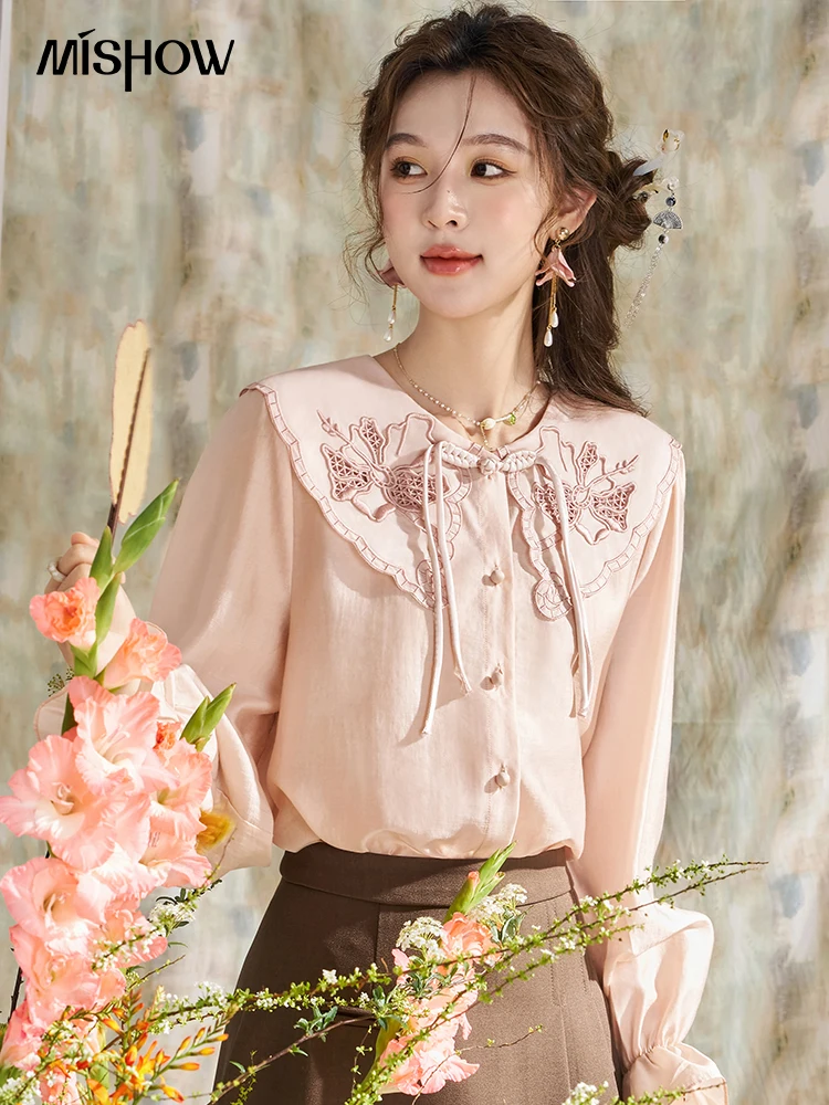 MISHOW Petal Long Sleeve Button Up Shirt for Women Peter Pan Collar Embroidered Blouse Chinese Style Retro Female Top MXD13C0166