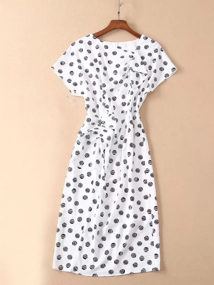 

Women's Polka Dot Print Ruched Dress, O-Neck, Short Sleeve, Street Fashion, Spring, Summer
