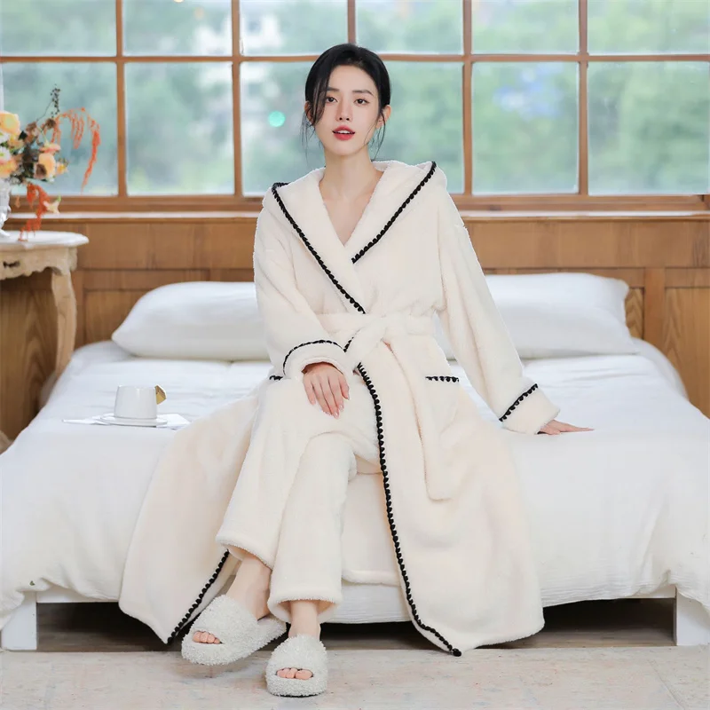 Women New Autumn Winter Nightgown Thicken Warm Flannel Robes Long Sleeve Hooded Sweet Cute Comfortable Home wear