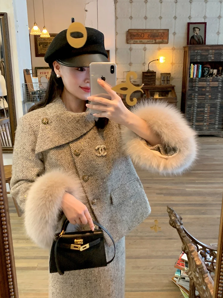 

Wang Han Yan Paris Stroll Винтажный хлопковый шерстяной костюм, женский комплект из двух предметов, осень-зима, высококачественный модный теплый длинный S...