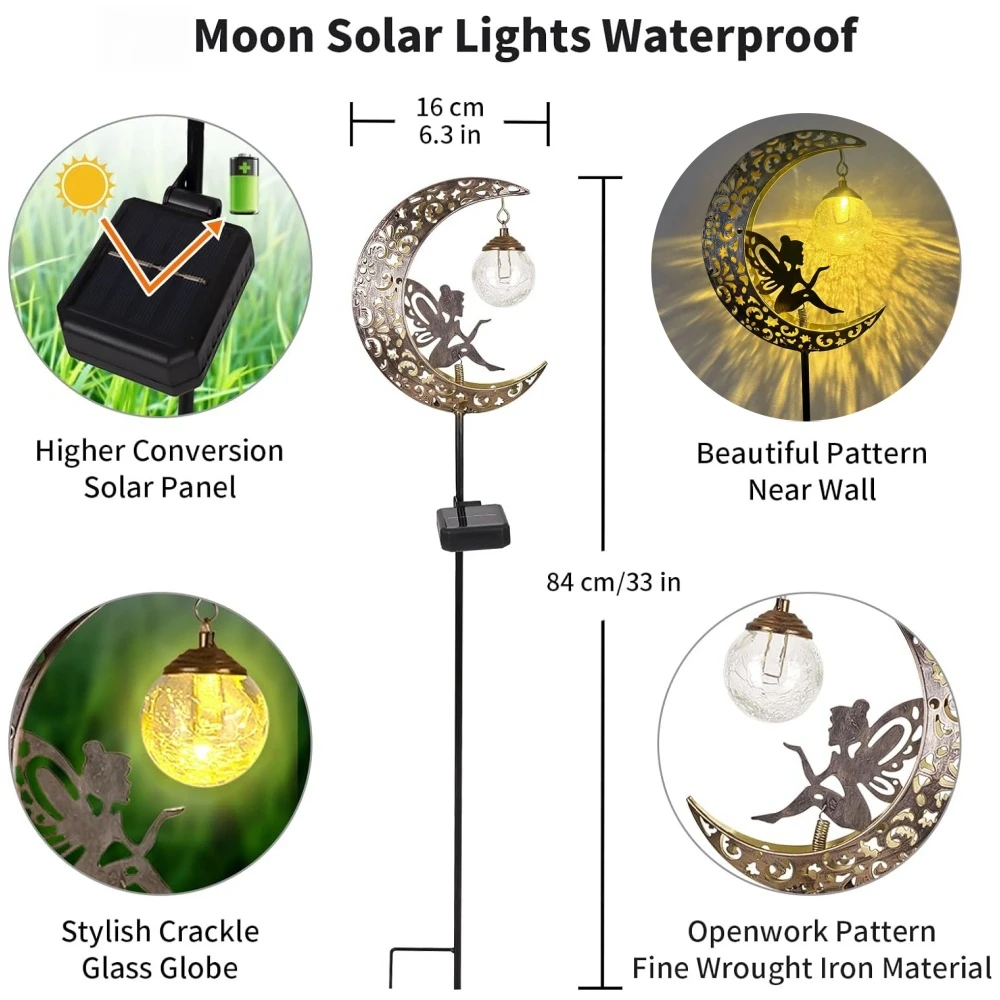 Solar Garden Fairy Lights Outdoor Decor Metal Moon Fairy Crackle Glass Globe with Angel Garden Gifts Yard Pathway Decoration