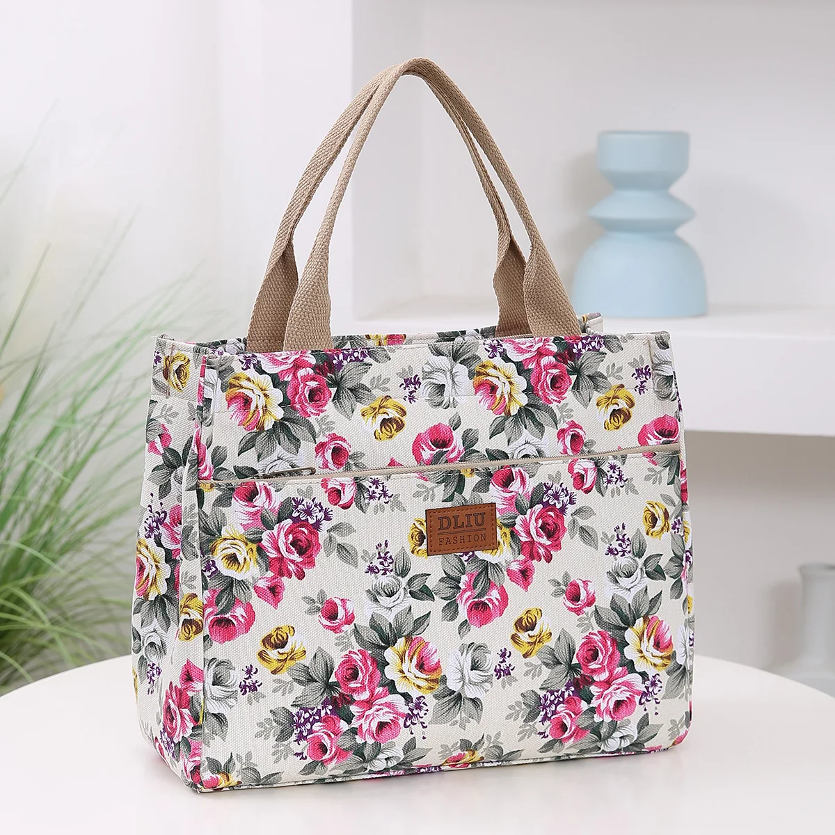 

Fashion Floral Print Tote Bag, Portable Canvas Lunch Bag, Women's Casual Handbag & Bento Mommy Bag For Picnic Travel