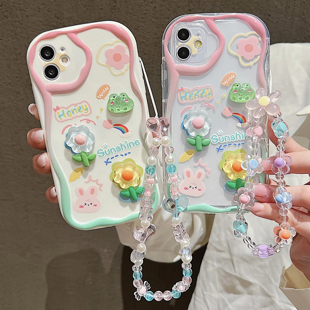 3D Flower Hang JOLanyard Soft Phone Case, iPhone 15 Pro Max 14 11 12 13 Pro Poly 8 7 Plus X XS Max SE 2020 2022, Corée Cover