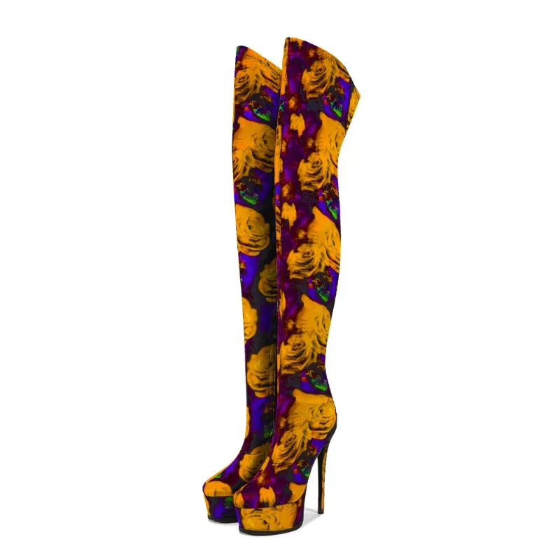 

Hottest Flower Printing Women Spandex Stain Boots Women Pointed Toe Over The Knee High Boots Fashion Stiletto Thigh High Boots