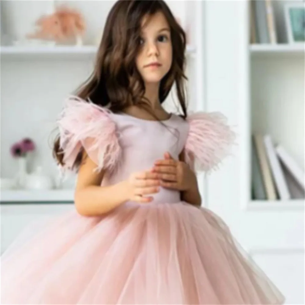 Tulle Fluffy Lace Back Printing Princess Flower Girl Dresses Wedding Party Ball abiti da prima comunione regalo di compleanno per bambini