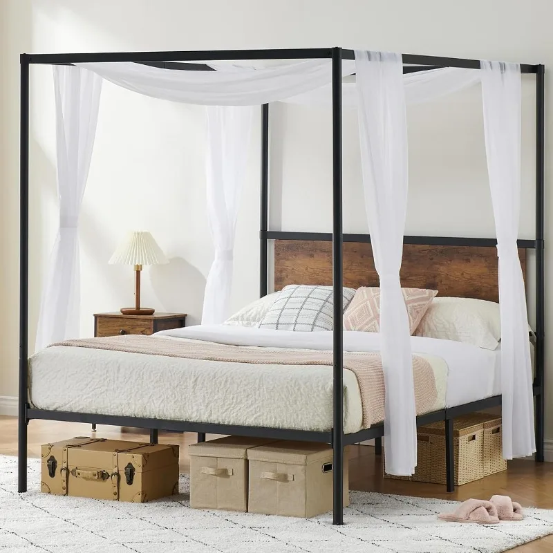 Canopy Bed Frame Queen Size, Black Four-Poster Platform Metal Bed Frame with Storage with Headboard and Wooden Slats Support