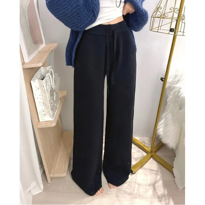 Chic taille haute tricoté pantalons décontractés femmes coupe ample Simple Sle automne hiver nouveauté longueur de plancher pantalon à jambes larges