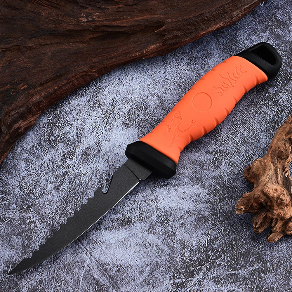 Fish Fillet Knife 5-8 Professional Boning Knife Stainless Steel Slicing Knife Non-Slip Orange Handle with Sheath Kitchen Tool