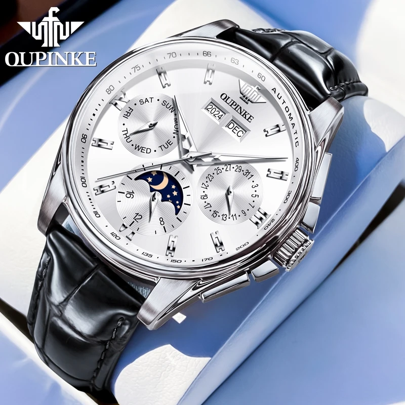 OUPINKE 3189 Men Watch Brand Luxury Calendar Waterproof HD Chronograph Leather Strap Moon Phase Men Automatic Mechanical Watch