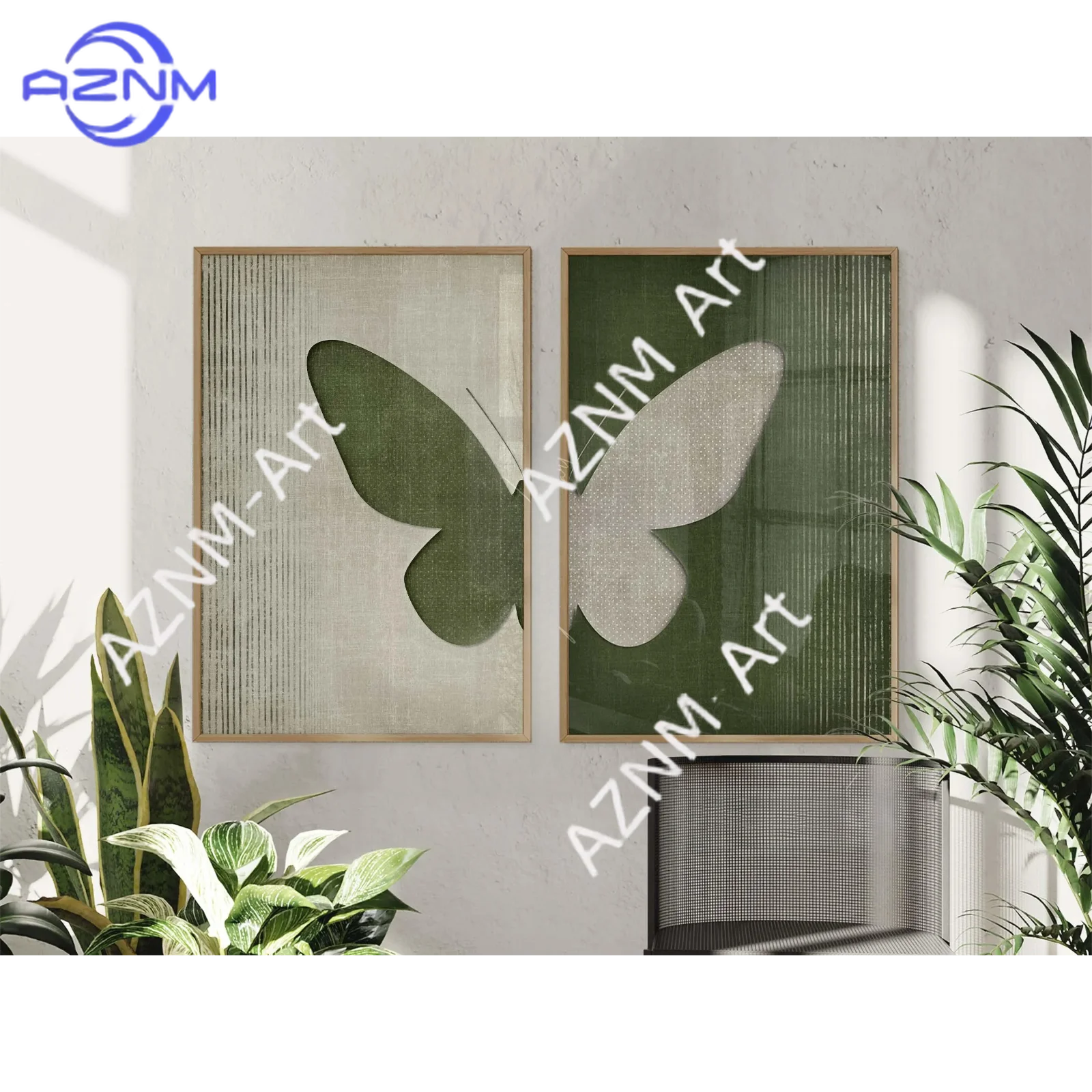 1/2Pcs Framed Dark Green Butterfly Diptych Wall Art Print, 2-Piece Modern Chic Canvas Wall Decor