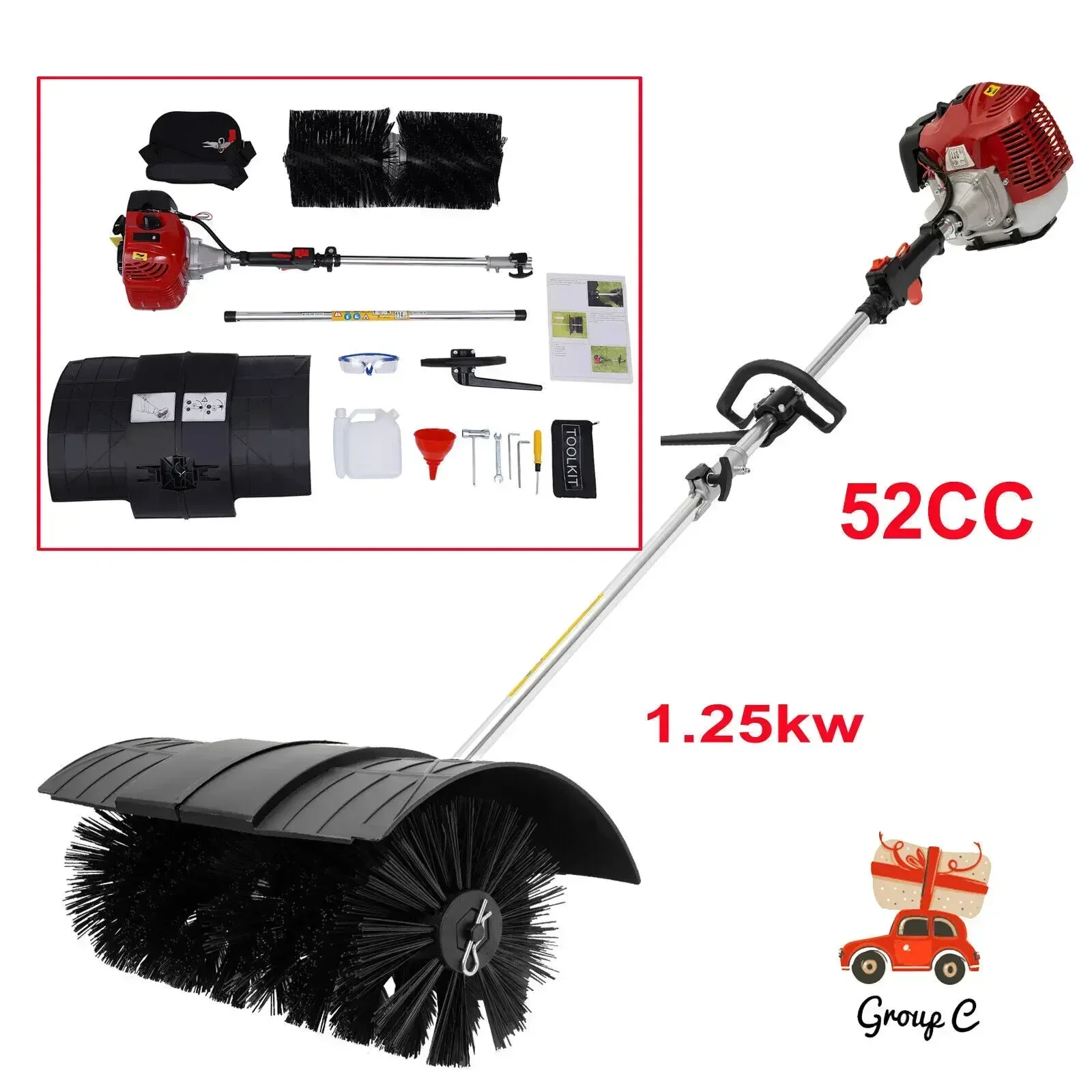 

52cc Gas Handheld Sweeper Broom 2 Stroke Engine Power Lawn Sweeping Broom 1.25kw, Snow Cleaner Tools for Grooming Lawns On Farms