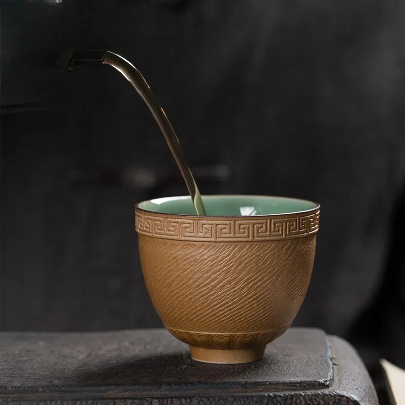 45ml Chinese Longquan Celadon Teacup Handmade Jumping Knife Master Cup Engrave Fretwork Tea Bowl Chazhan Large Kung Fu Teaset