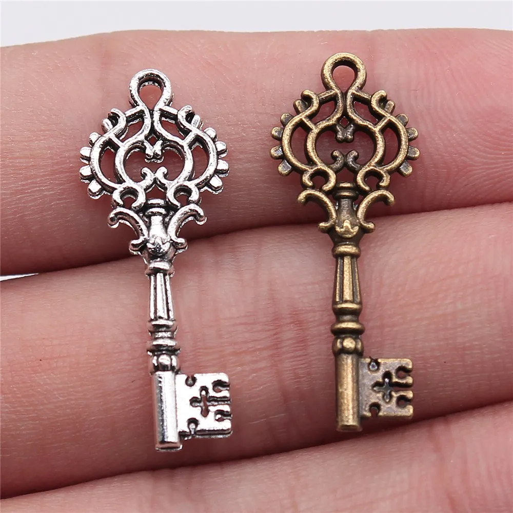 WYSIWYG, 10 unidades, 32x12mm, 2 colores, plata antigua, plata, bronce antiguo chapado Vintage, llave de encanto, encantos, llave de bricolaje
