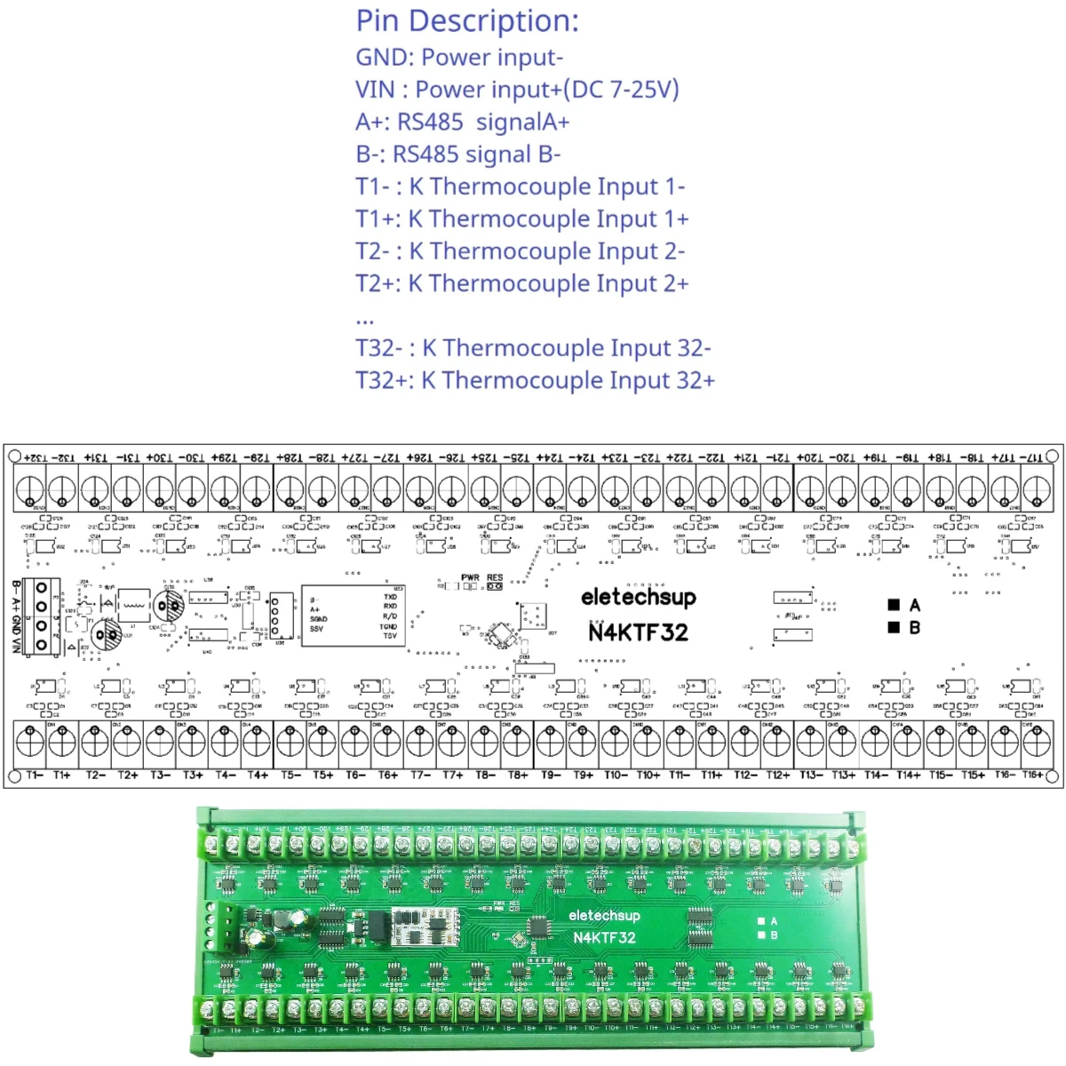 

32-канальная термопара K-типа RS485 Modbus RTU Аналоговый вход Плата расширения ПЛК Модуль сбора данных о температуре DC 12 В 24 В