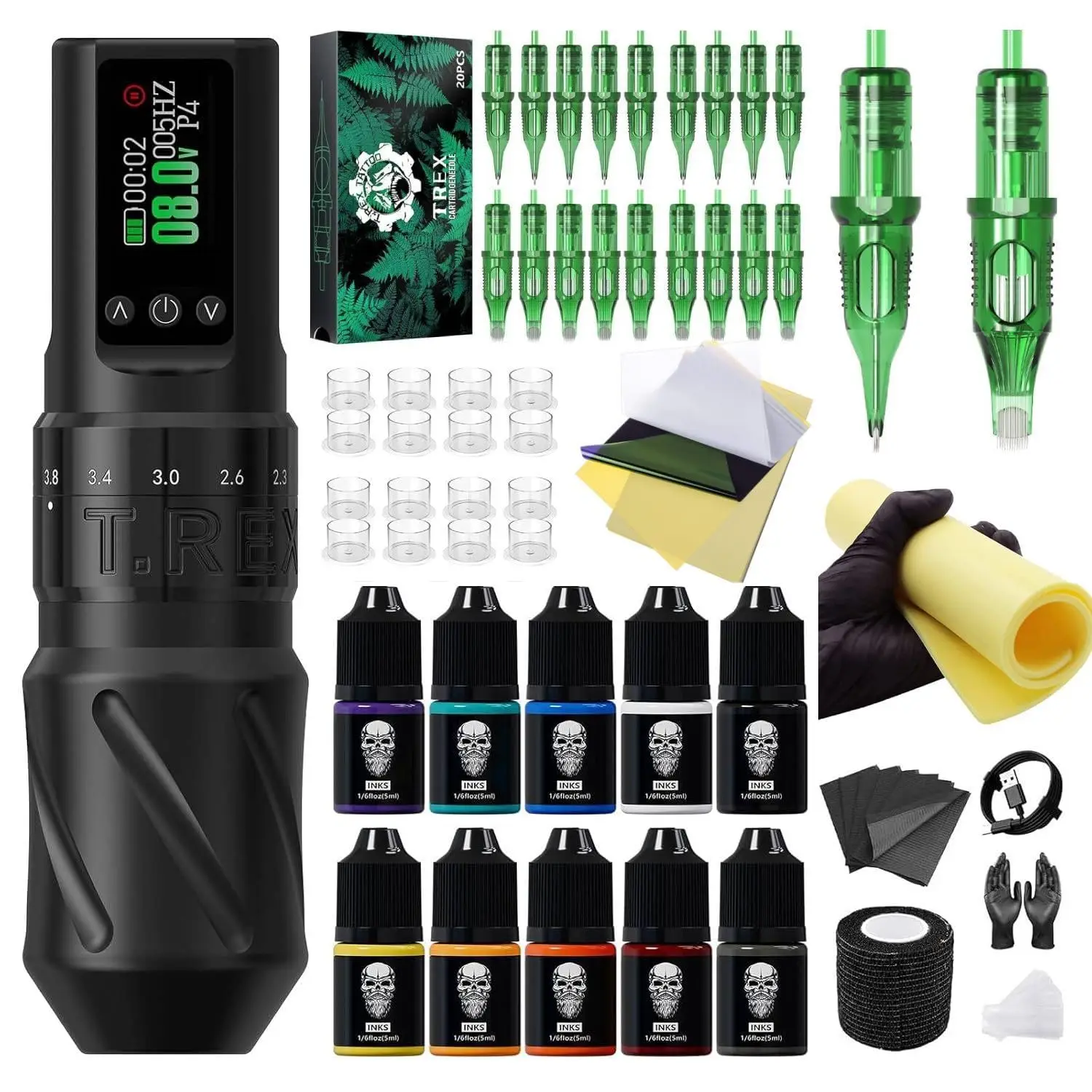 

Полный набор для татуировок для начинающих: роторная машинка, долговечный аккумулятор, 20 игл, тренировочная кожа и чернила.